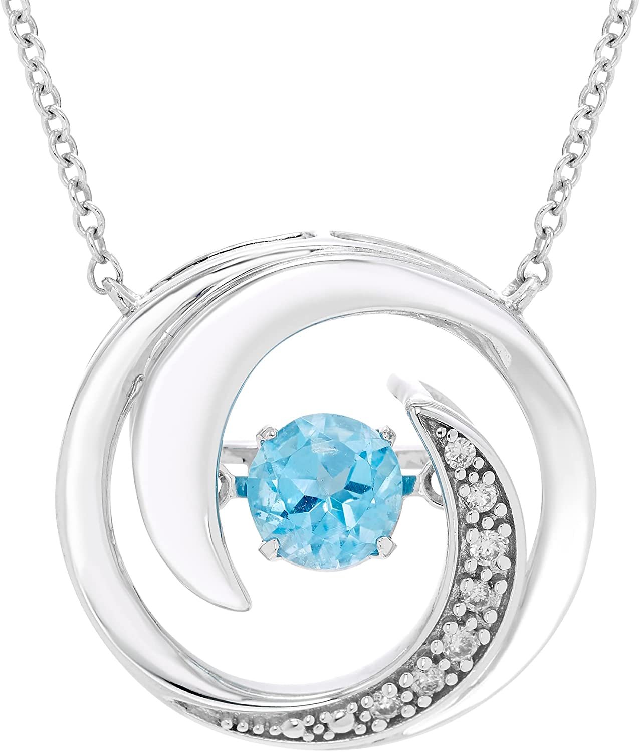 Genuine 4.5mm Blue Topaz Sterling Silver Dancing Gemstone & Genuine Diamond Circle 20" Necklace