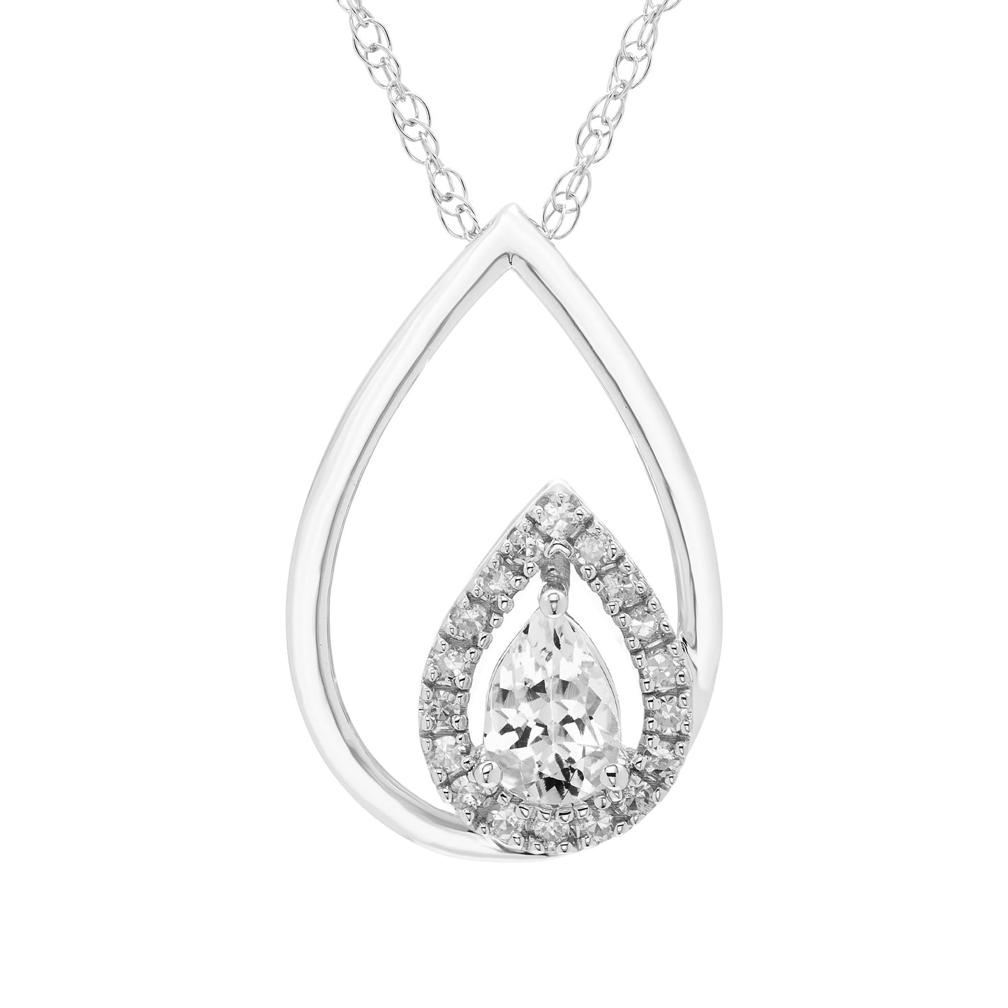 Lab-Grown White Sapphire Pear Cut & 1/8cttw Diamond Double Teardrop Pendant Necklace in .925 Sterling Silver with 18" Rope Chain