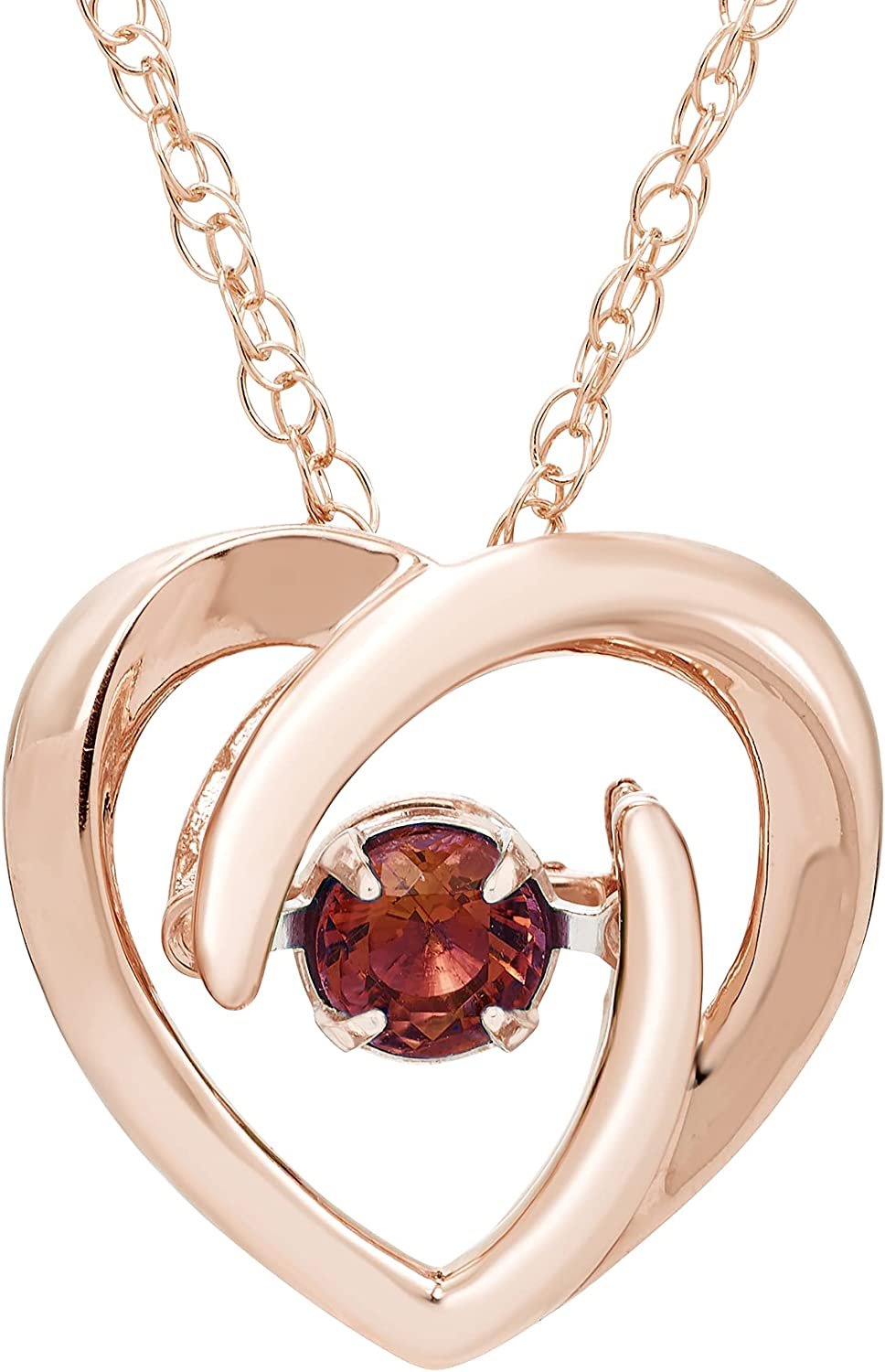 Genuine Garnet Dancing Gemstone Heart Pendant in 14K Rose Gold Sterling Silver