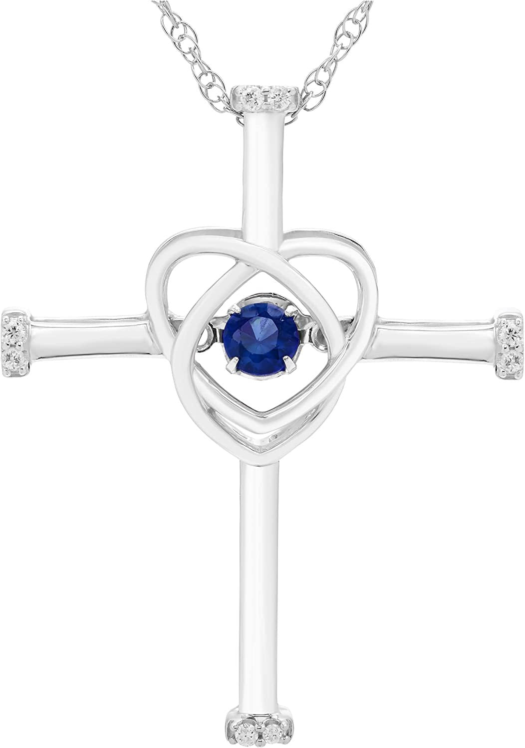 Lab-Grown Blue Sapphire Dancing Gemstone & Genuine Diamond Cross Pendant in Sterling Silver