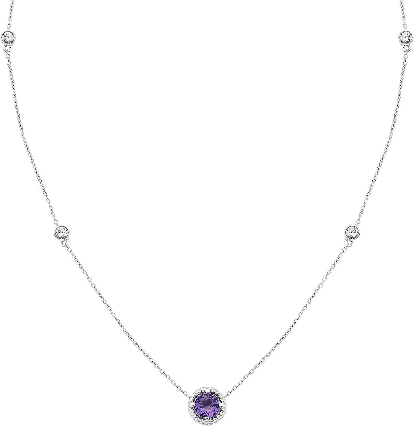 Sterling Silver Genuine Amethyst & Lab-Grown White Sapphire Necklace, 20" cable chain