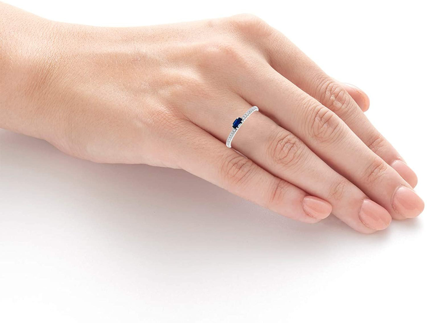 10K White Gold Lab-Grown Oval Blue Sapphire & 1/10cttw Genuine Diamond Statement Ring