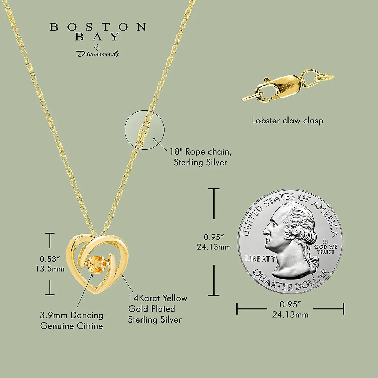 Genuine Citrine Dancing Gemstone Heart Pendant in 14K Yellow Gold Sterling Silver