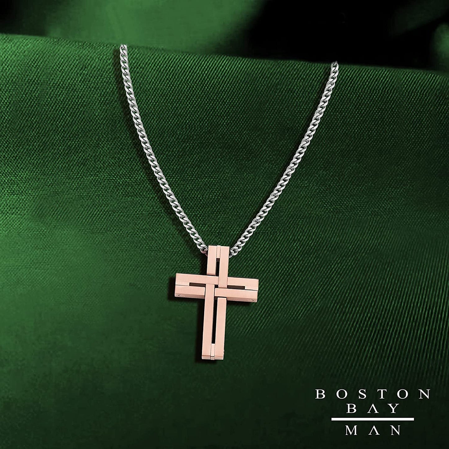Woven Cross Pendant in IP Rose Stainless Steel with 24" Curb Chain