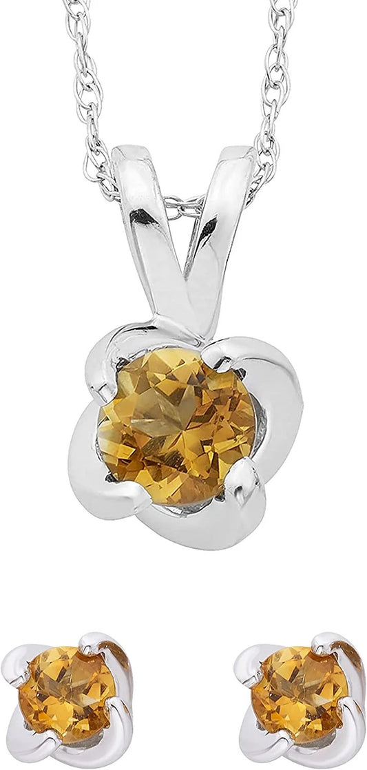 Sterling Silver Genuine Citrine 4-Prong Twist Solitaire Earrings & Pendant Set with Chain