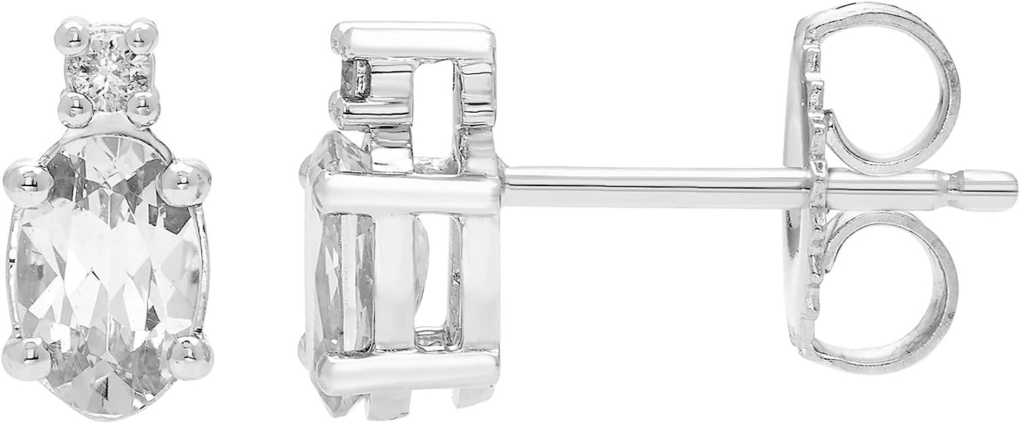 Lab-Grown White Sapphire Oval Cut & Diamond Accented Stud Earrings in .925 Sterling Silver