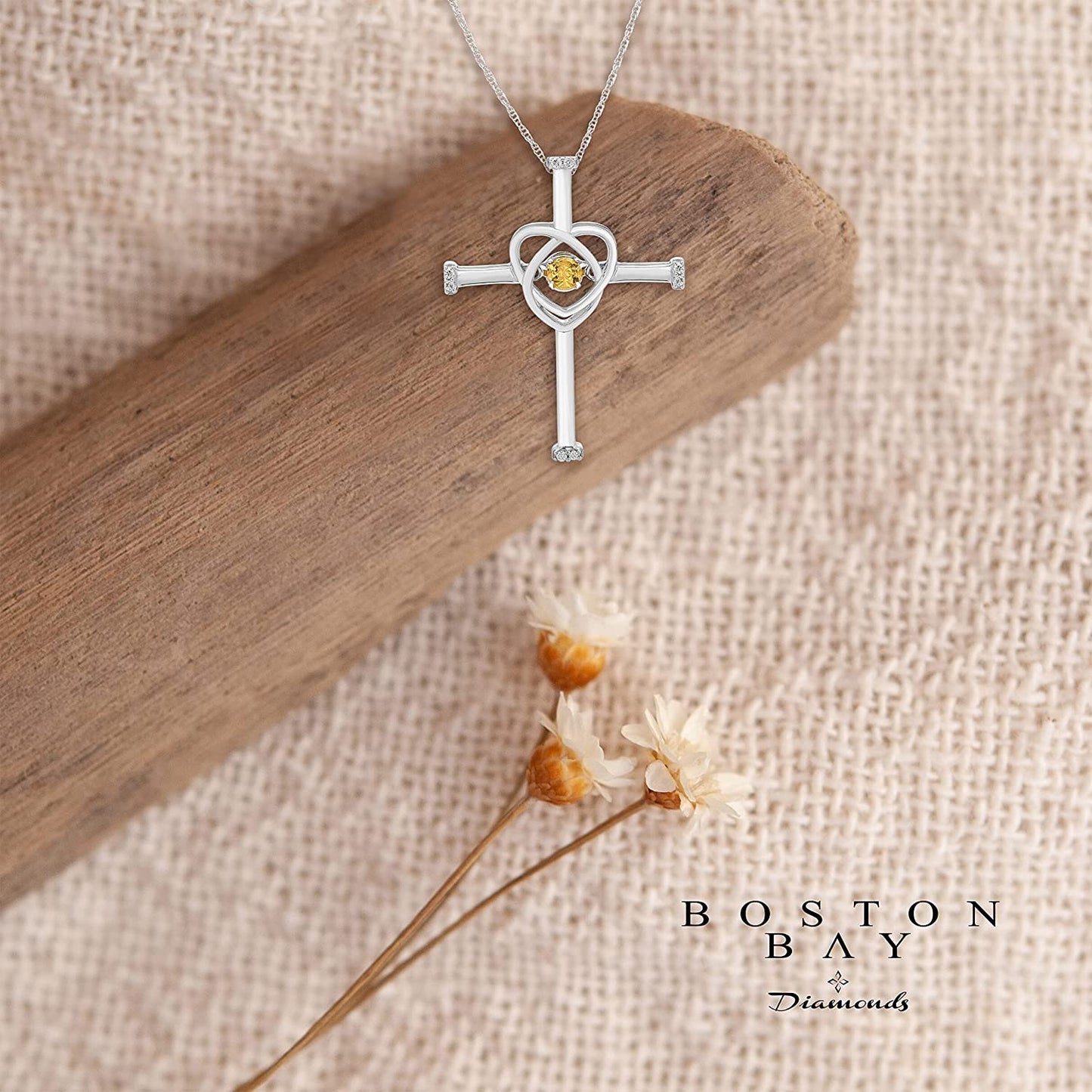 Genuine Citrine Dancing Gemstone & Genuine Diamond Cross Pendant in Sterling Silver