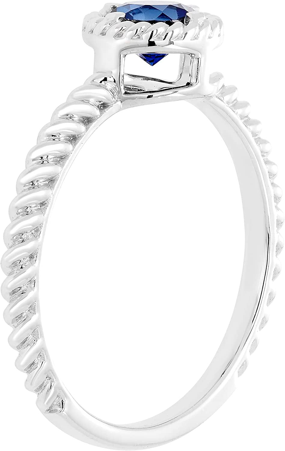 Lab-Grown Blue Sapphire Gemstone Rope Halo Solitaire Stacking Ring in Sterling Silver