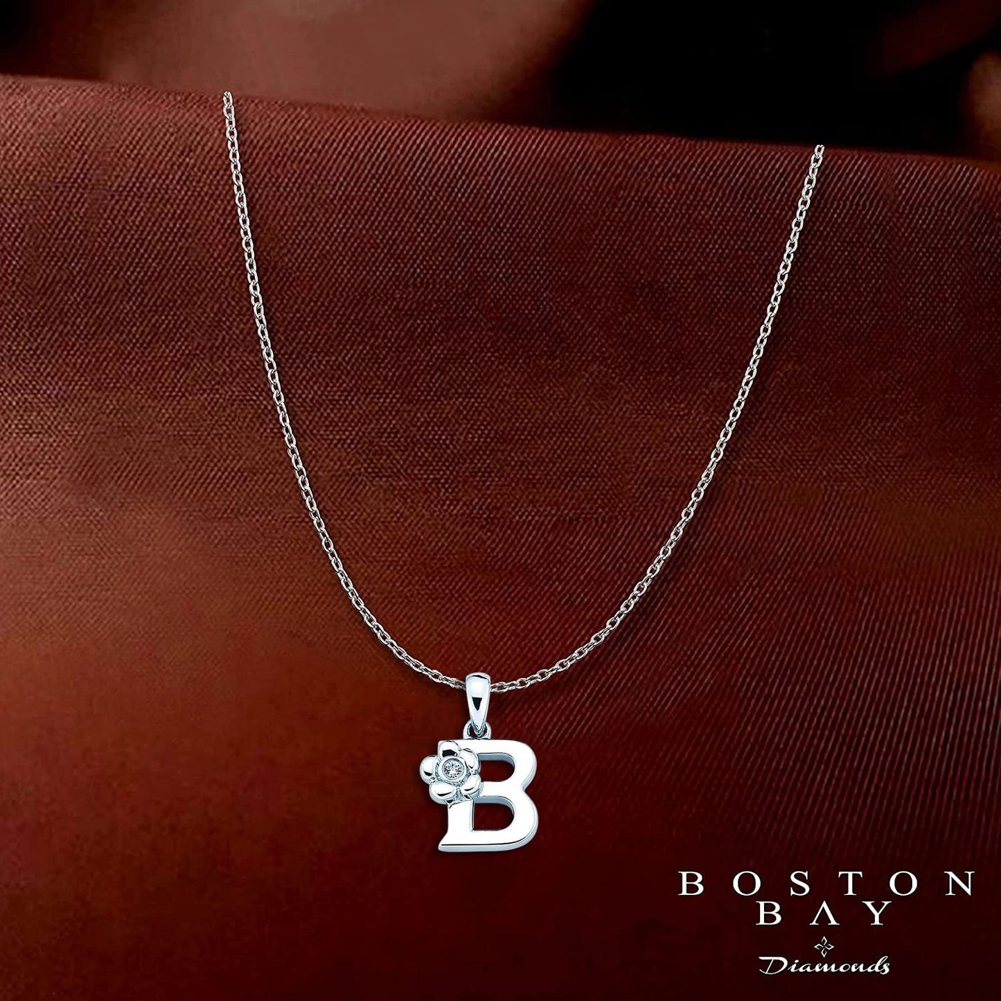 Sterling Silver Diamond Accent Floral Initial Pendant with 14" Rolo Chain & 2" Ext, Choice of Letter