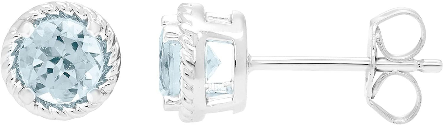 Sterling Silver Genuine Aquamarine Halo Rope Stud Earrings