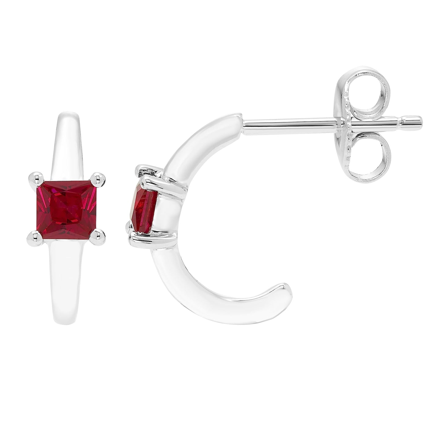 Lab-Grown Ruby Princess Cut Half Hoop July Birthstone Earrings in .925 Sterling Silver