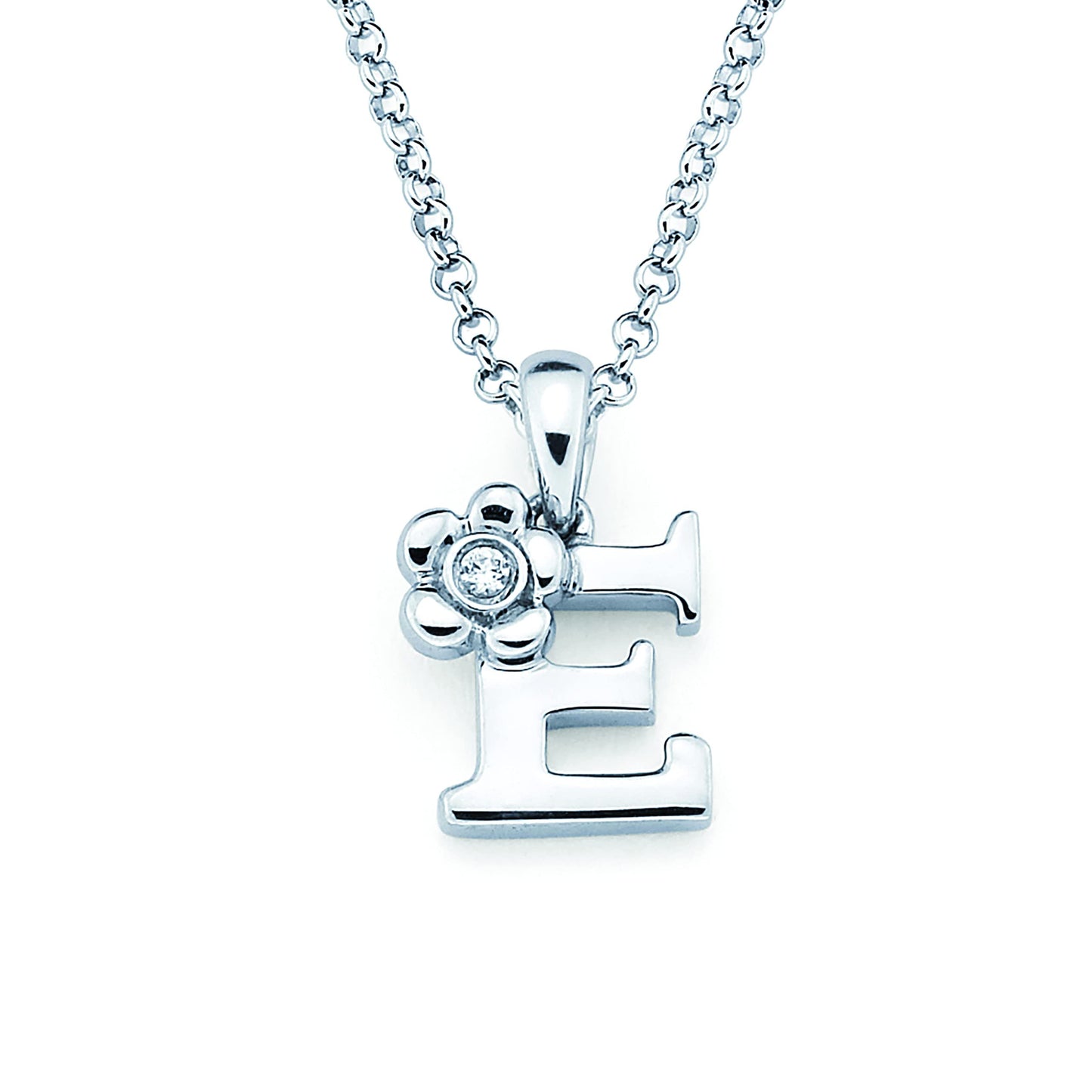 Sterling Silver Diamond Accent Floral Initial Pendant with 14" Rolo Chain & 2" Ext, Choice of Letter