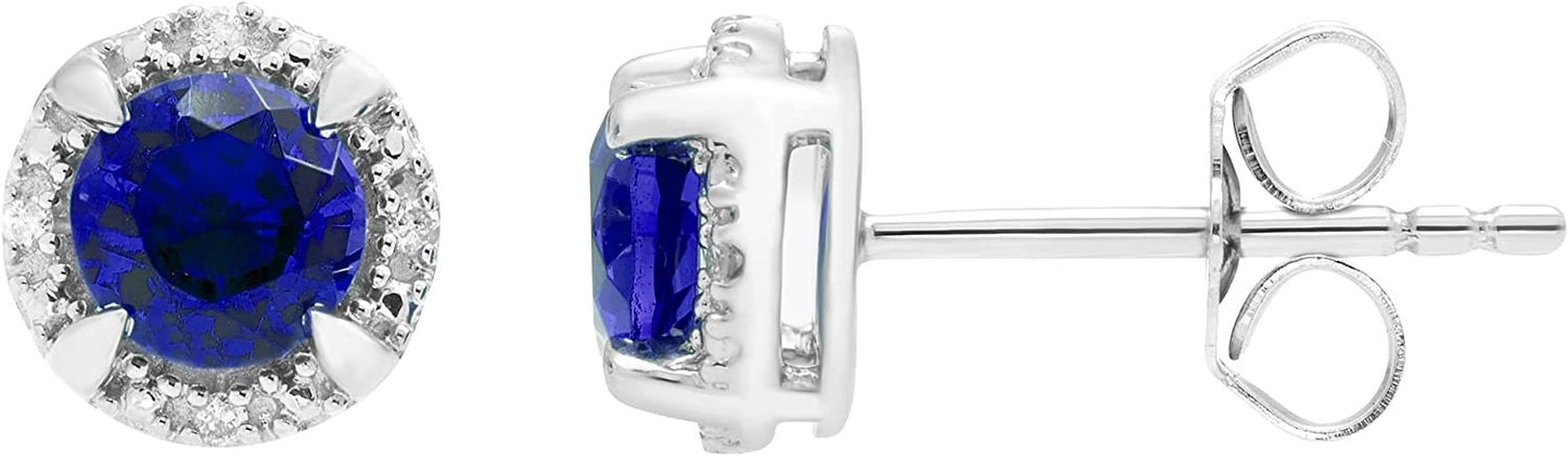 Sterling Silver Lab-Grown Blue Sapphire & Genuine Diamond Halo Earrings