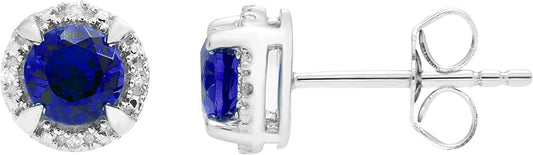 Sterling Silver Lab-Grown Blue Sapphire & Genuine Diamond Halo Earrings