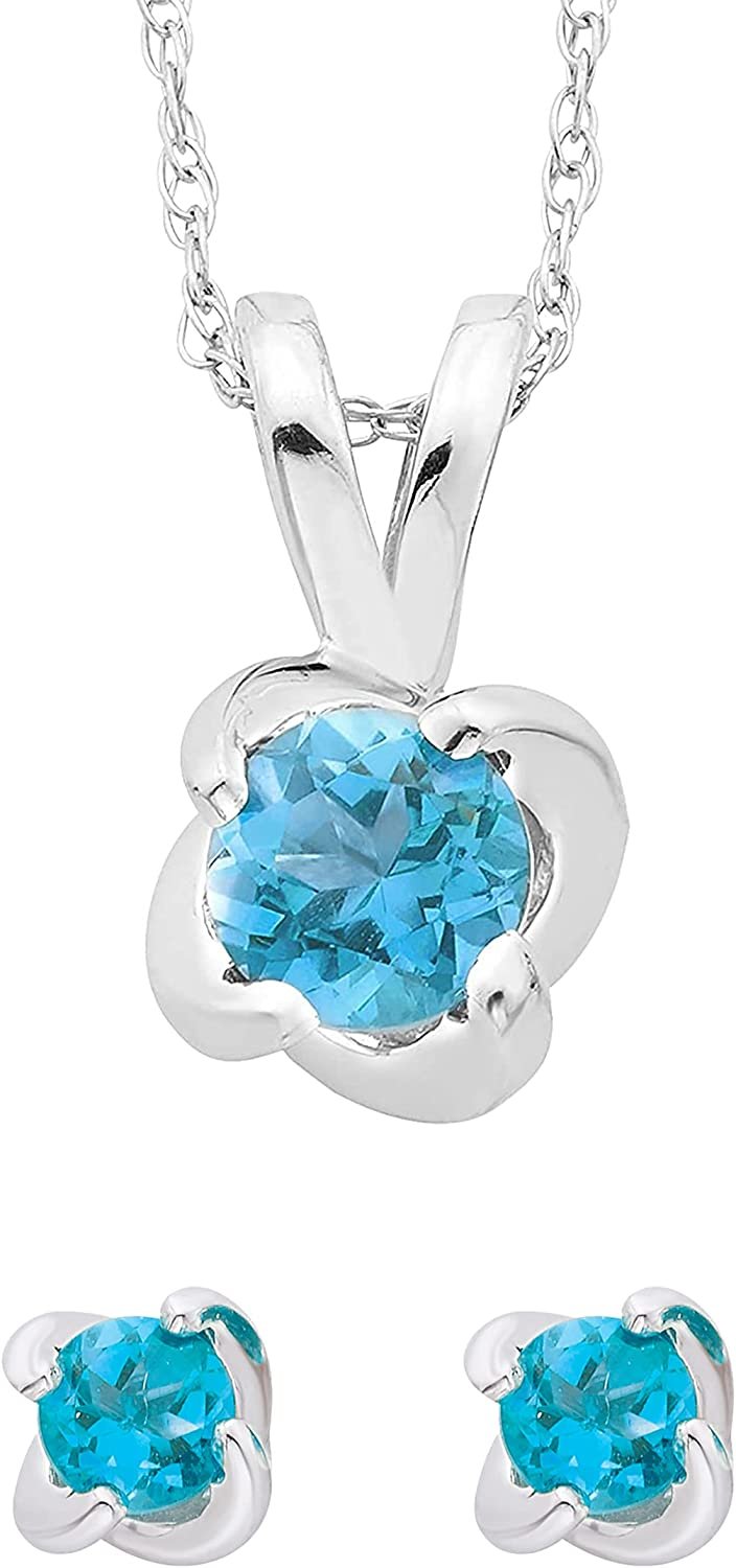 Sterling Silver Genuine Blue Topaz 4-Prong Twist Solitaire Earrings & Pendant Set with Chain