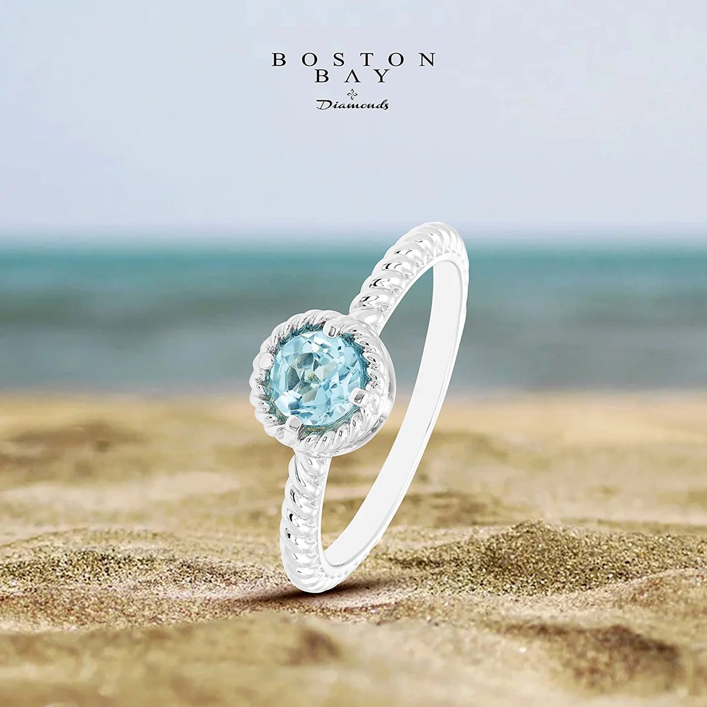 Genuine Blue Topaz Gemstone Rope Halo Stacking Ring in Sterling Silver