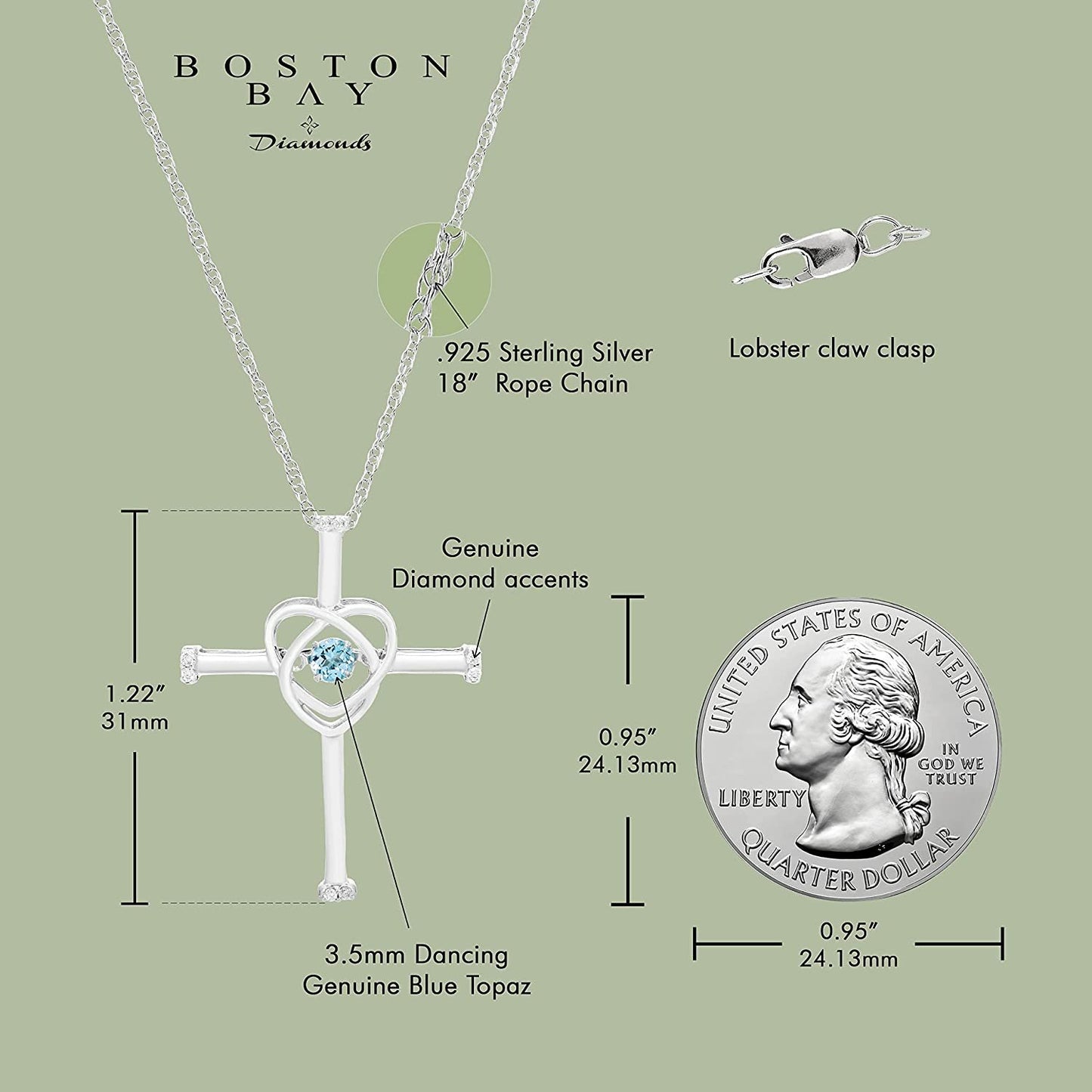 Genuine Blue Topaz Dancing Gemstone & Genuine Diamond Cross Pendant in Sterling Silver