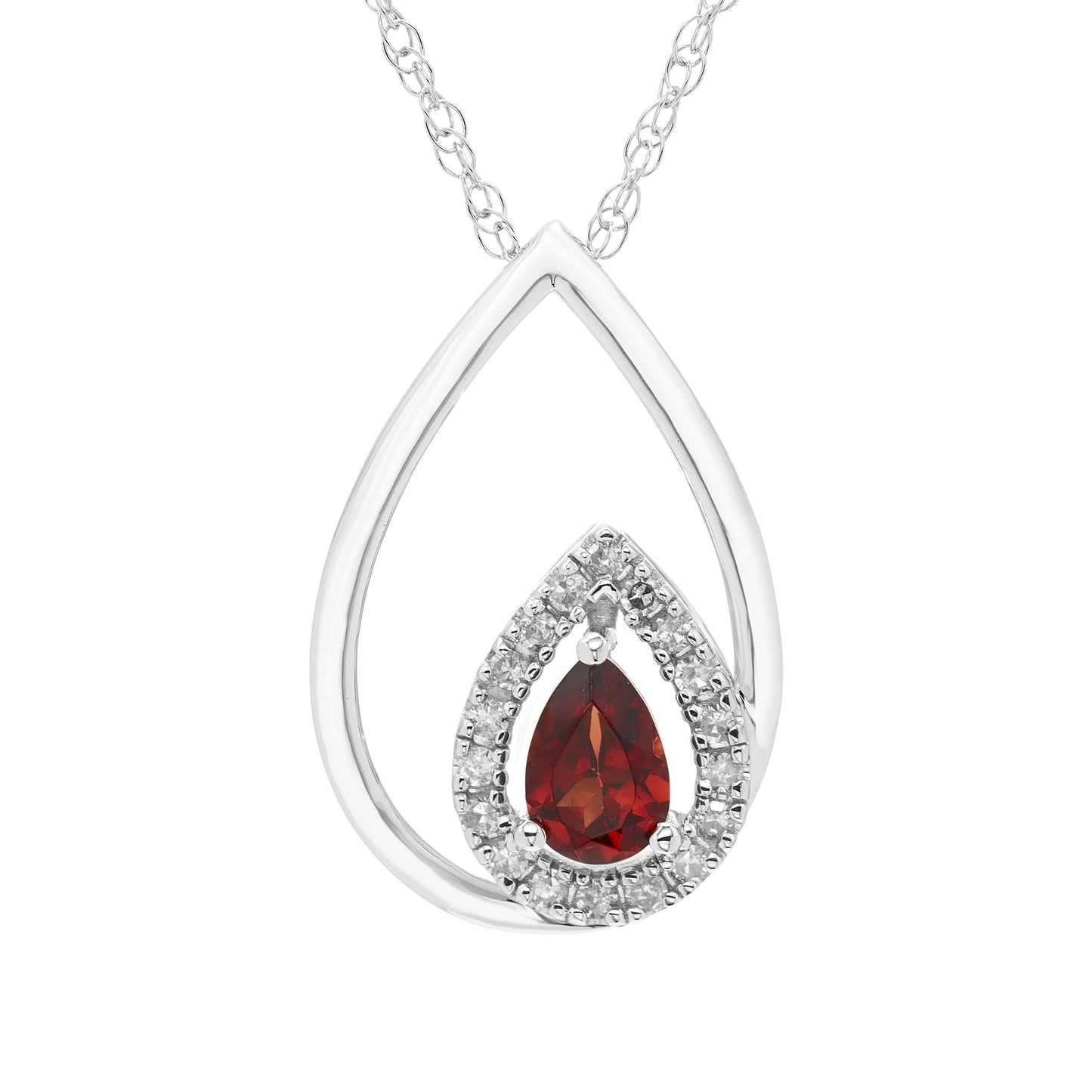 Garnet Pear Cut & 1/8cttw Diamond Double Teardrop Pendant Necklace in .925 Sterling Silver with 18" Rope Chain