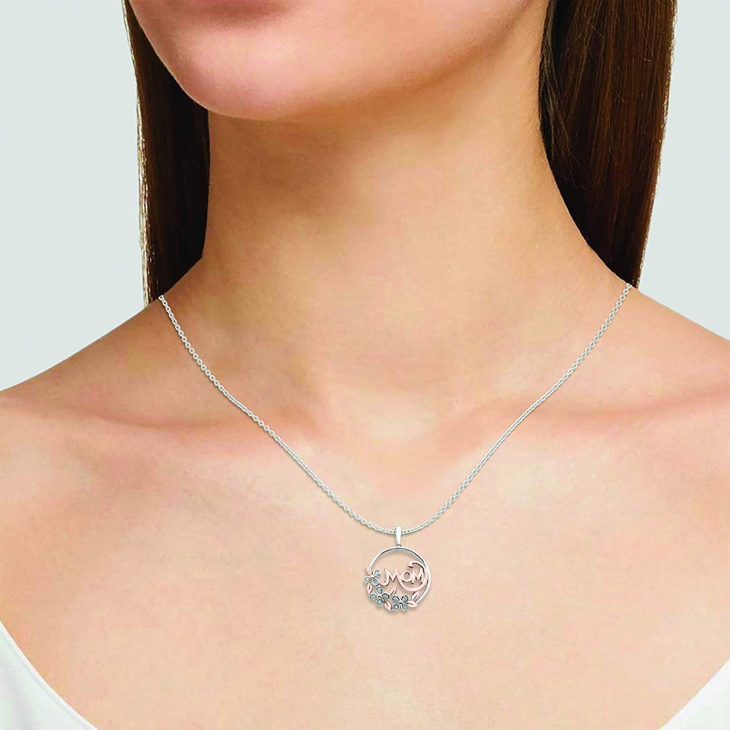 Diamond MOM Floral Pendant in 14K Rose Gold Sterling Silver