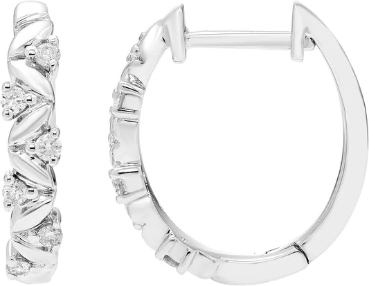 Hoop Earrings 1/12cttw Genuine Diamond Chevron Floral 20" Necklace in Sterling Silver
