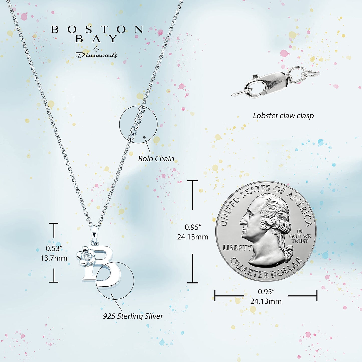Sterling Silver Diamond Accent Floral Initial Pendant with 14" Rolo Chain & 2" Ext, Choice of Letter