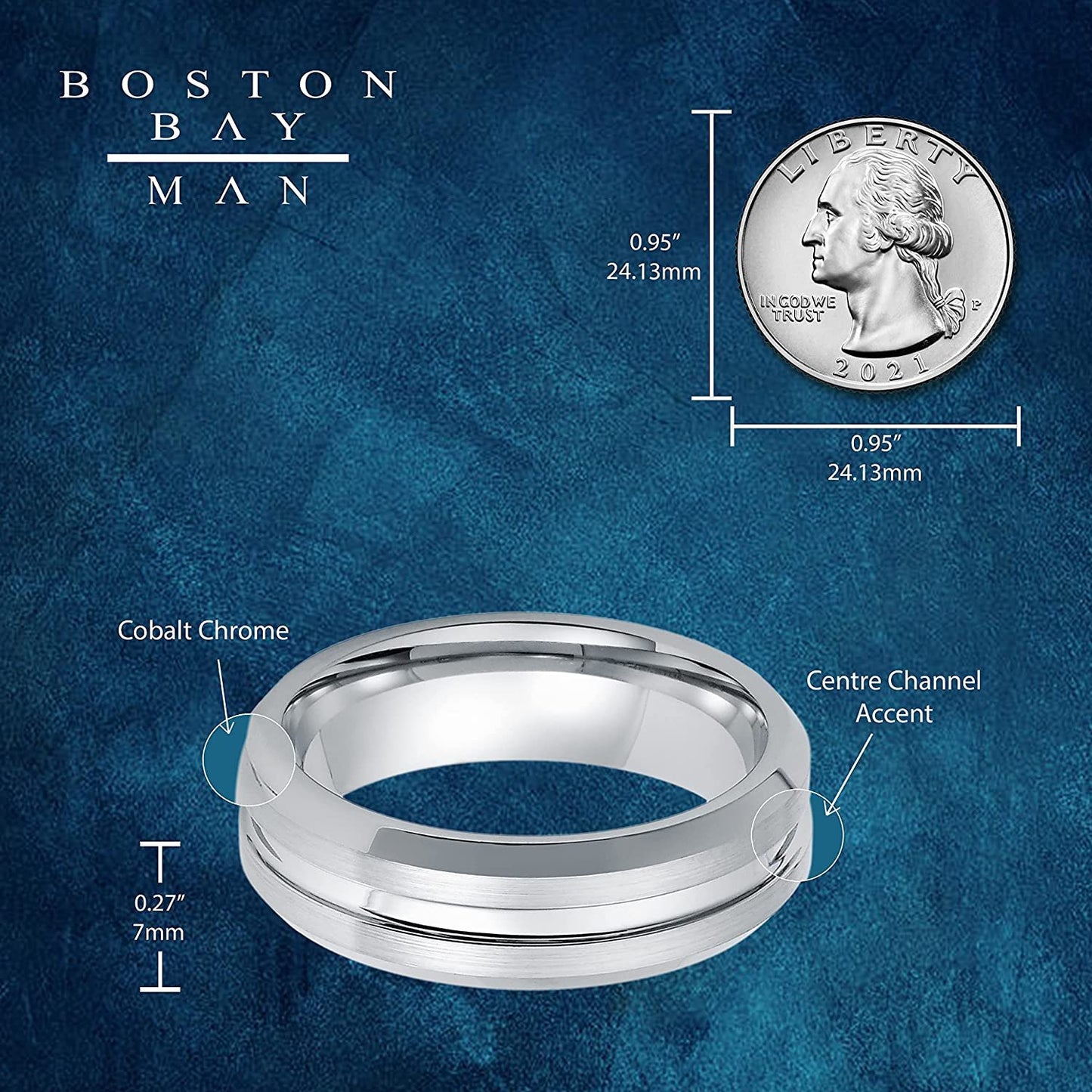Cobalt Chrome 7mm Drop Center Channel Accent Comfort Fit Fashion or Wedding Band Ring