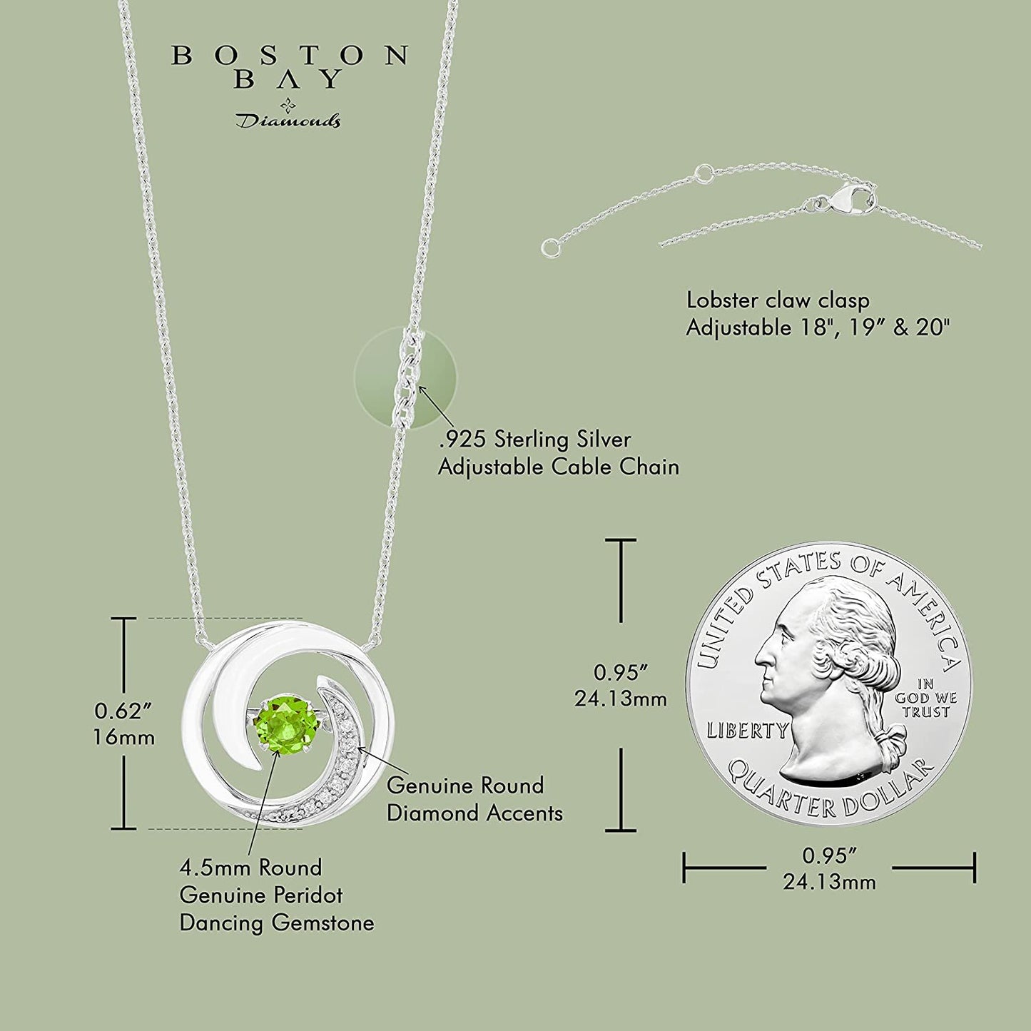 Genuine 4.5mm Peridot Sterling Silver Dancing Gemstone & Genuine Diamond Circle 20" Necklace