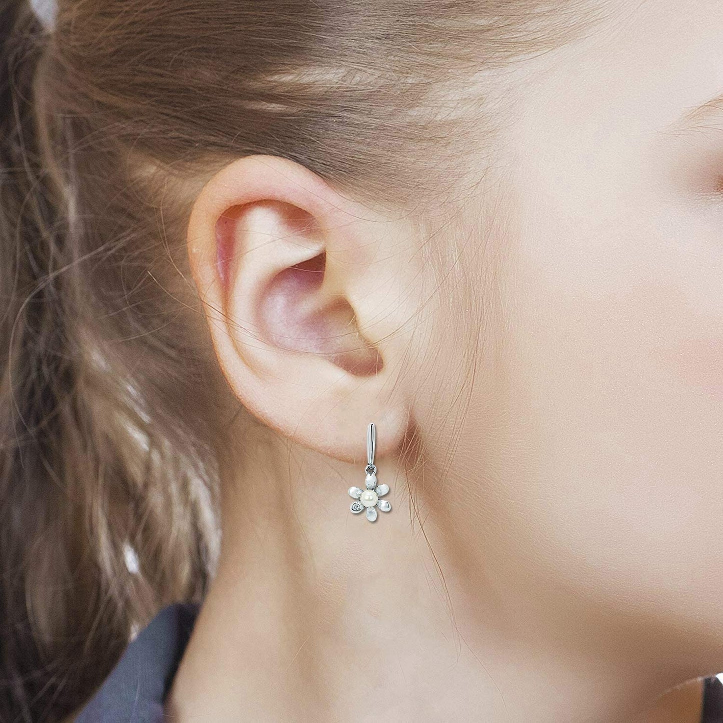 Genuine Diamond & Faux Pearl Children's Flower Drop Earrings in Sterling Silver