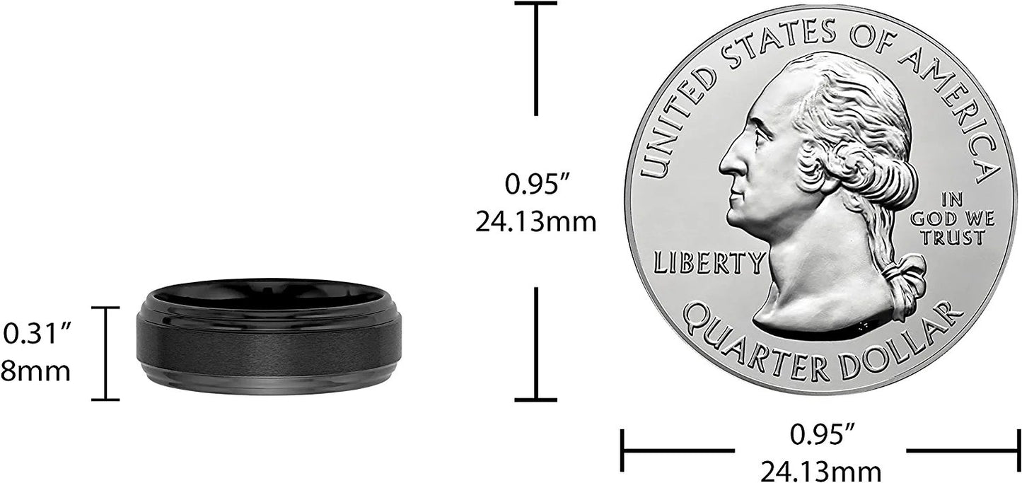 Black Ceramic 8mm Raised Center & Double Stepped Channel Edge Fashion or Wedding Band Ring