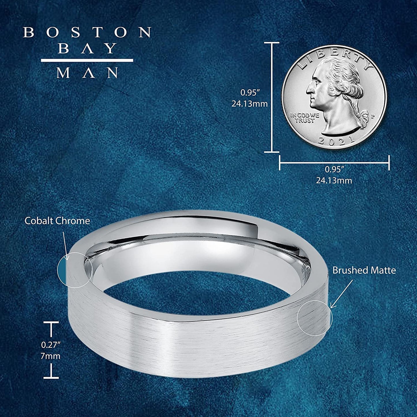 Cobalt Chrome 7mm Brushed Matte Finish & Flat Profile Comfort Fit Fashion or Wedding Band Ring