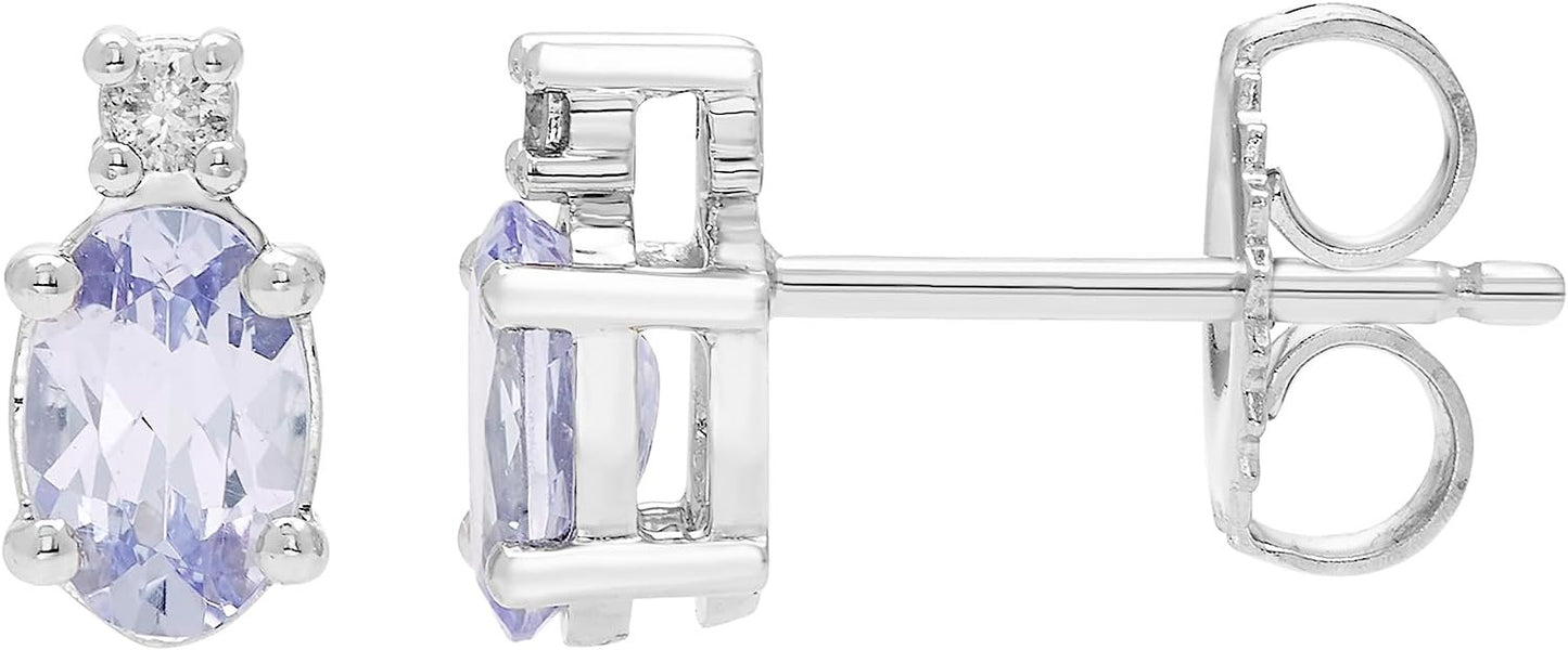 Tanzanite Oval Cut & Diamond Accented Stud Earrings in .925 Sterling Silver