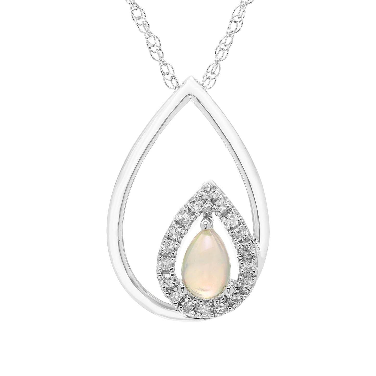 Opal Pear Cut & 1/8cttw Diamond Double Teardrop Pendant Necklace in .925 Sterling Silver with 18" Rope Chain