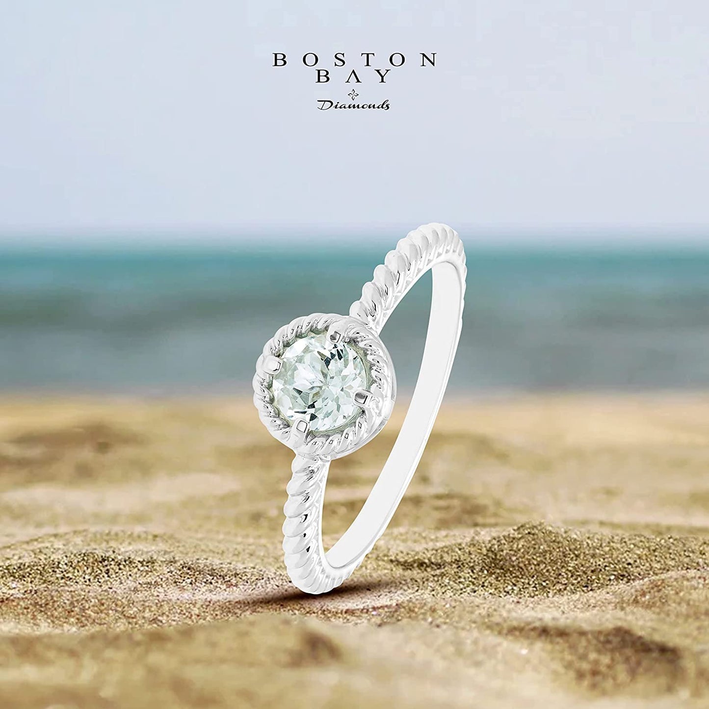 Genuine Aquamarine Gemstone Rope Halo Solitaire Stacking Ring in Sterling Silver