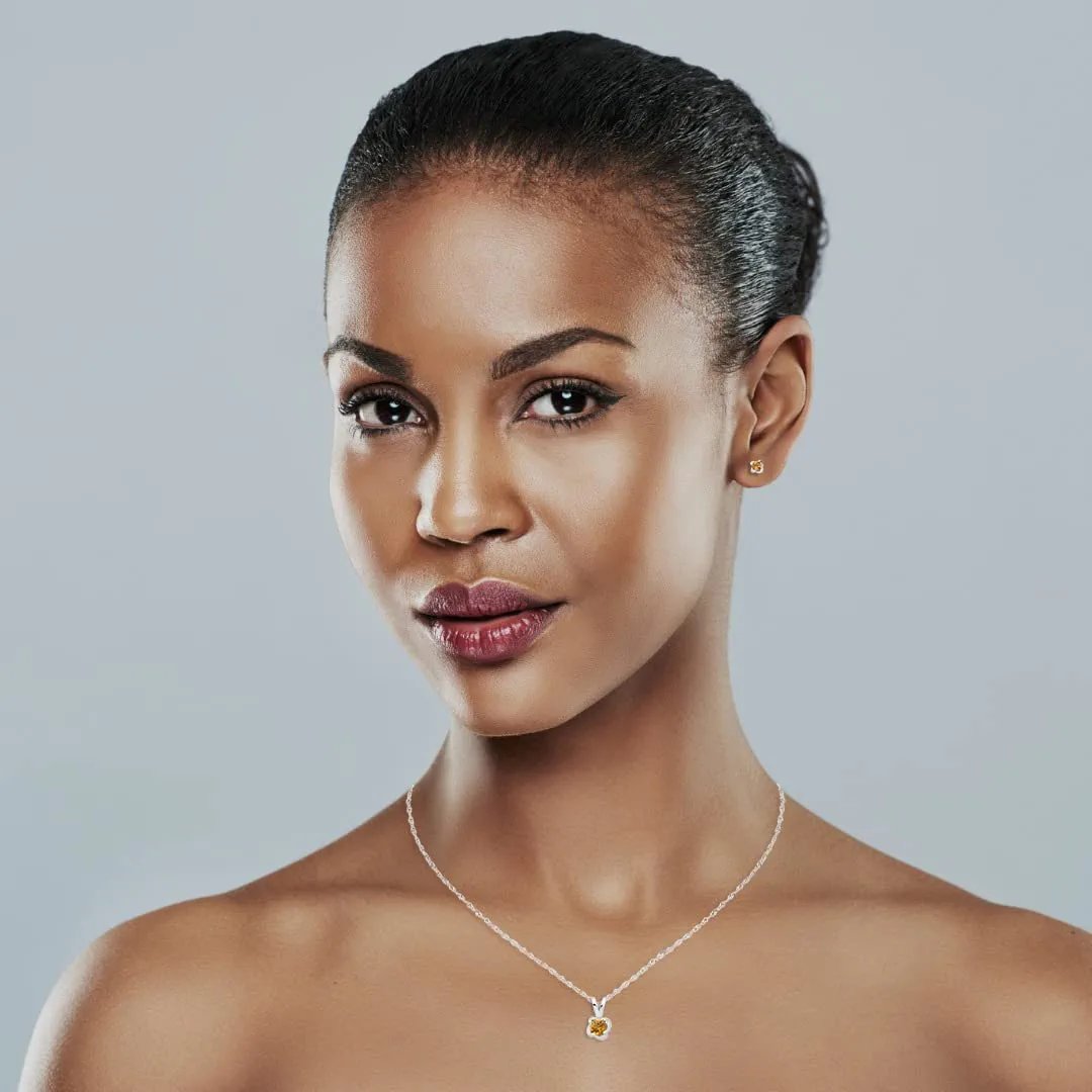 Sterling Silver Genuine Citrine 4-Prong Twist Solitaire Earrings & Pendant Set with Chain