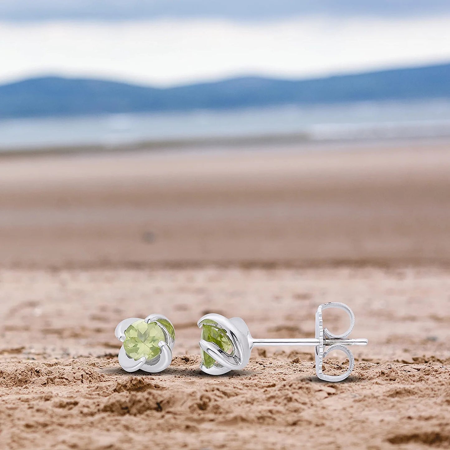 Sterling Silver Genuine Peridot 4-Prong Twist Solitaire Stud Earrings