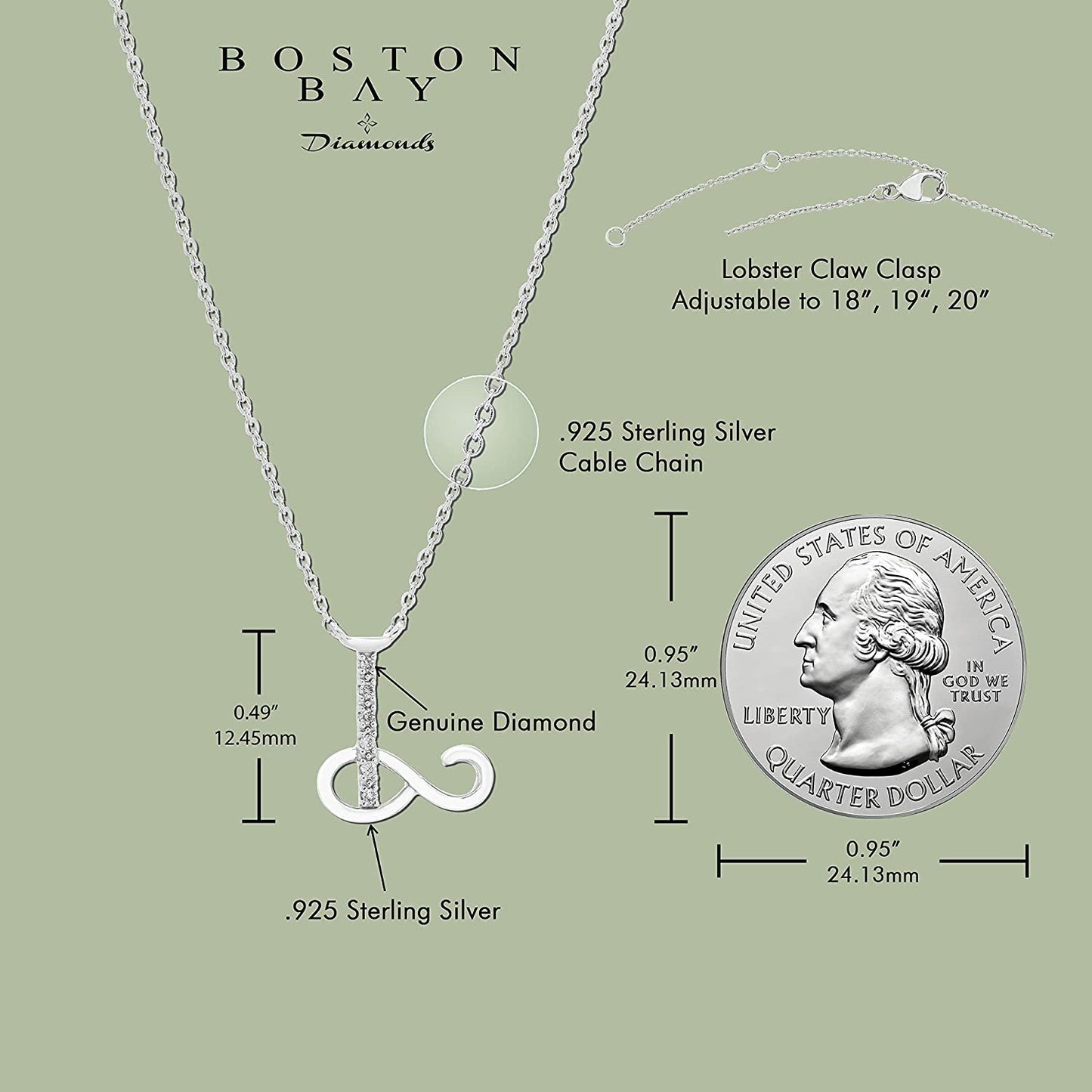 Diamond Initial Necklace, Adjustable 18”-20” in Sterling Silver - Choice of Letter