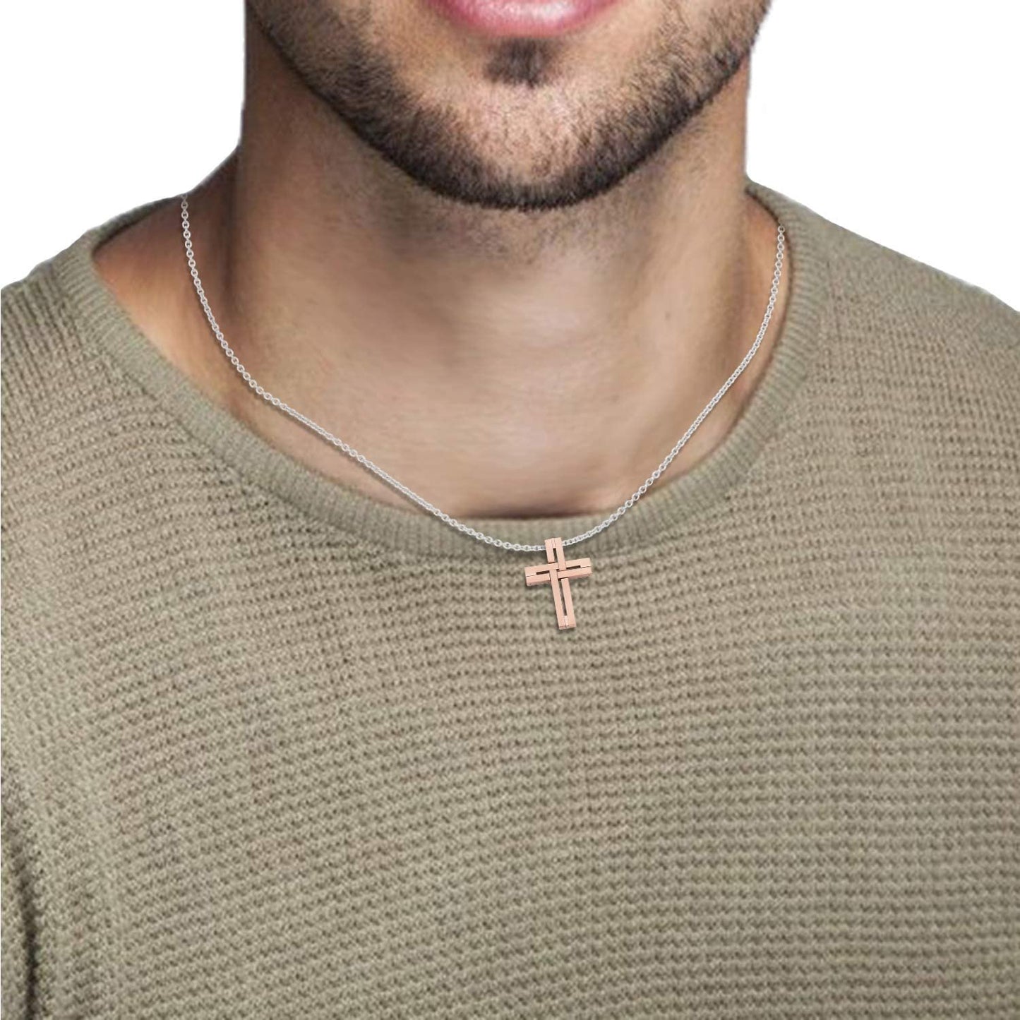 Woven Cross Pendant in IP Rose Stainless Steel with 24" Curb Chain