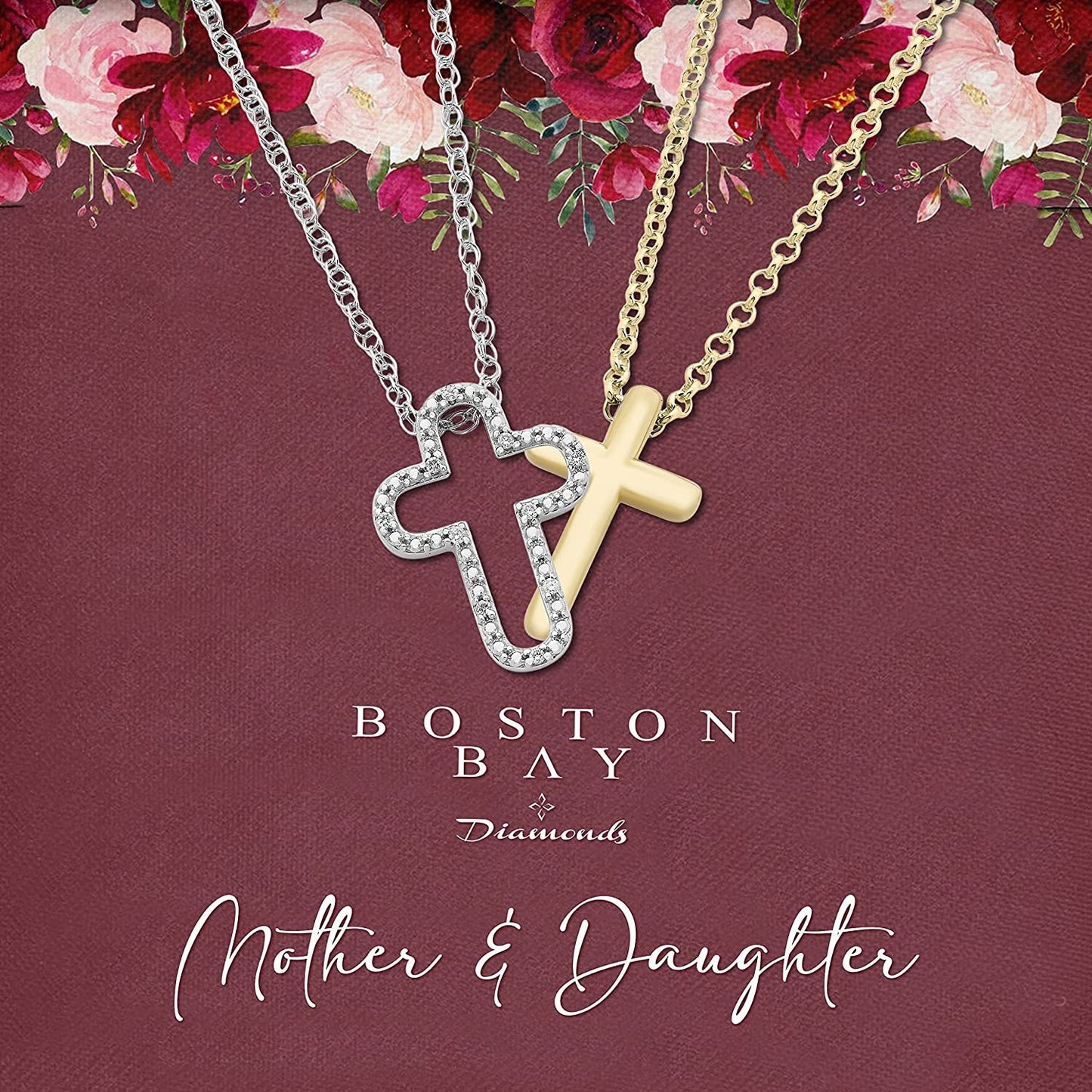 Diamond Mother & Daughter Cross Pendant in 14K Yellow Gold Sterling Silver