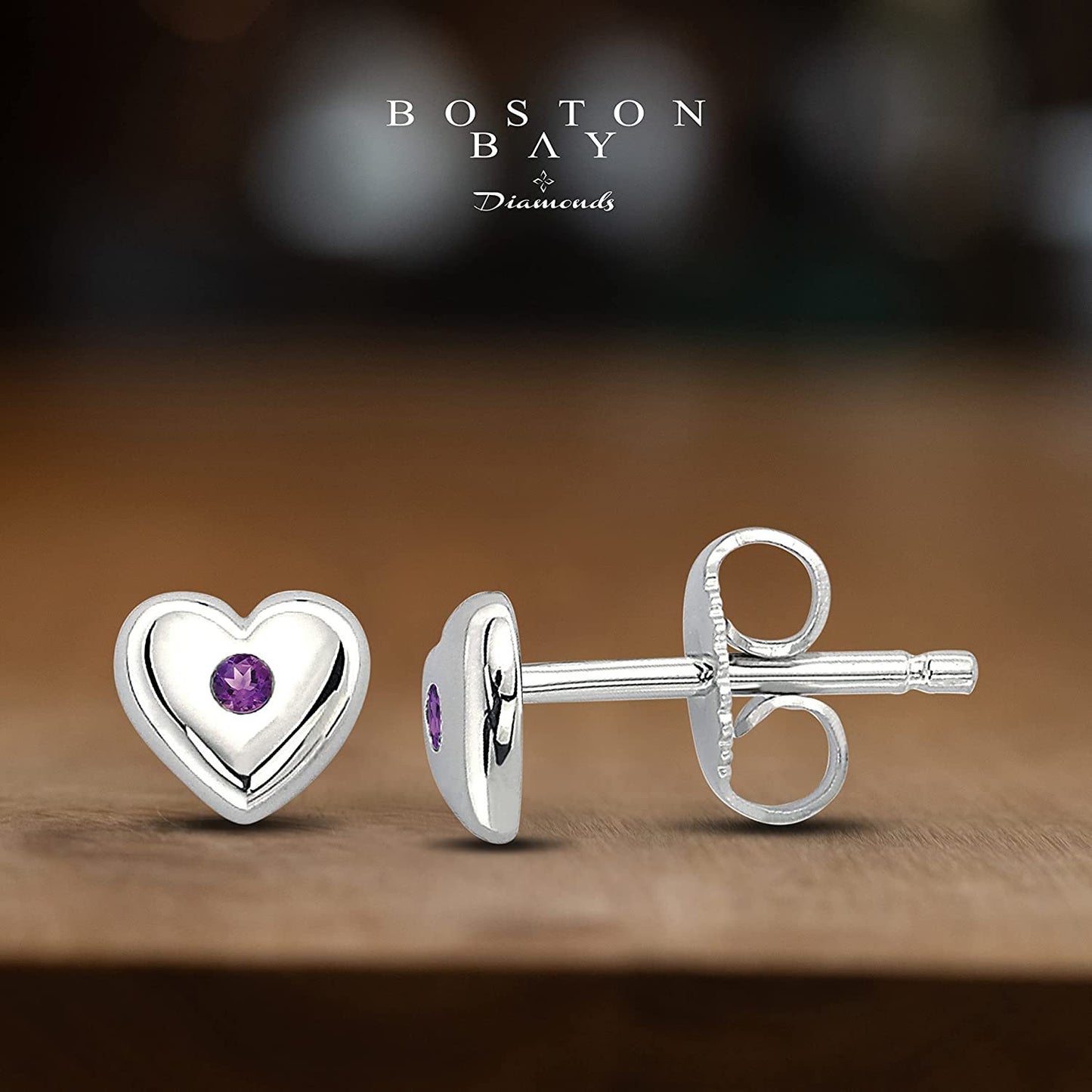 Simulated Amethyst Sterling Silver Birthstone Heart Stud Earrings