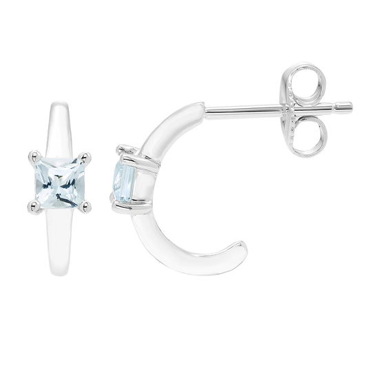 Aquamarine Princess Cut Half Hoop March Birthstone Earrings in .925 Sterling Silver