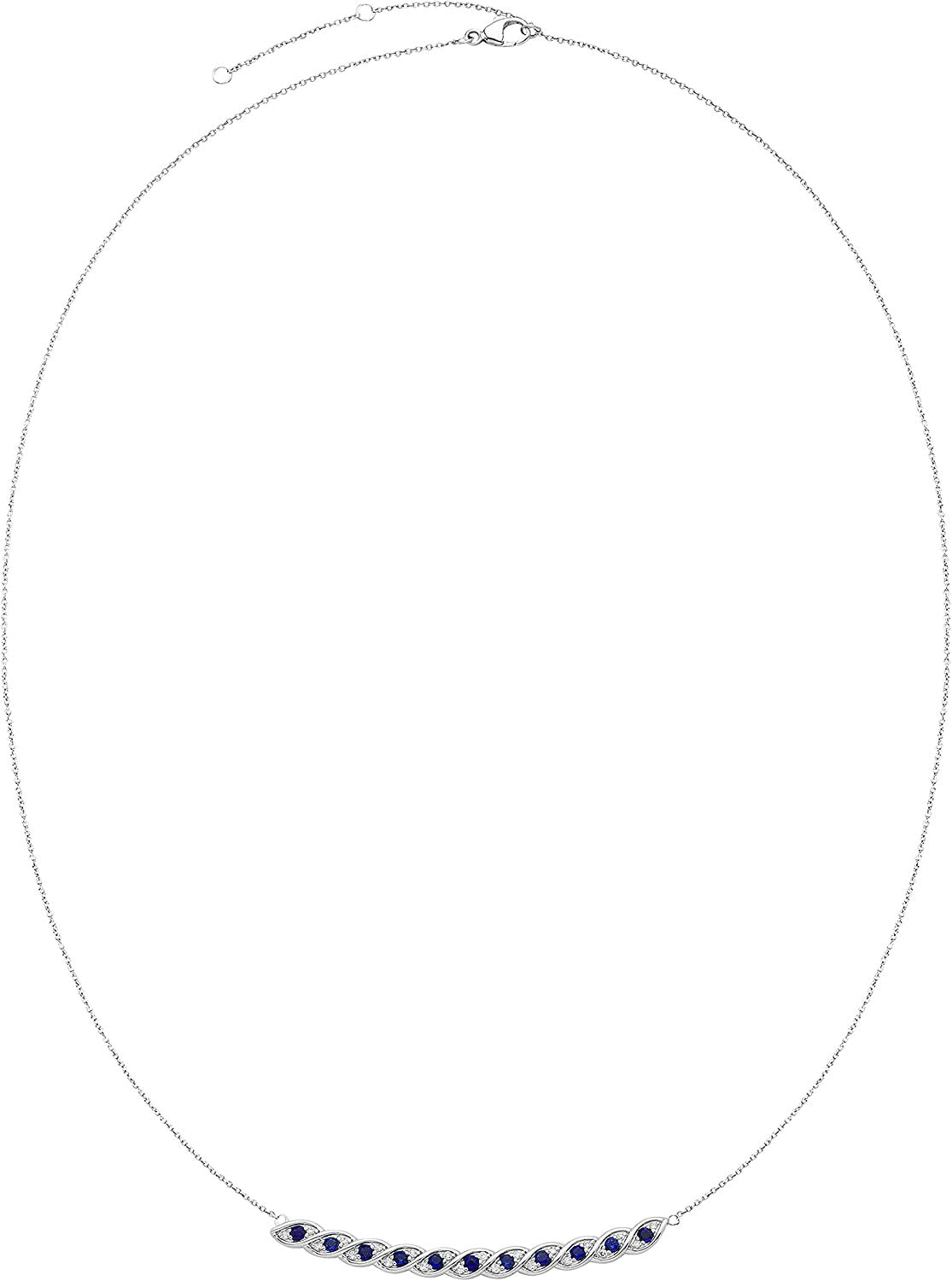 Sterling Silver Lab-Grown Blue Sapphire & 1/10cttw Diamond Necklace, 20" cable chain