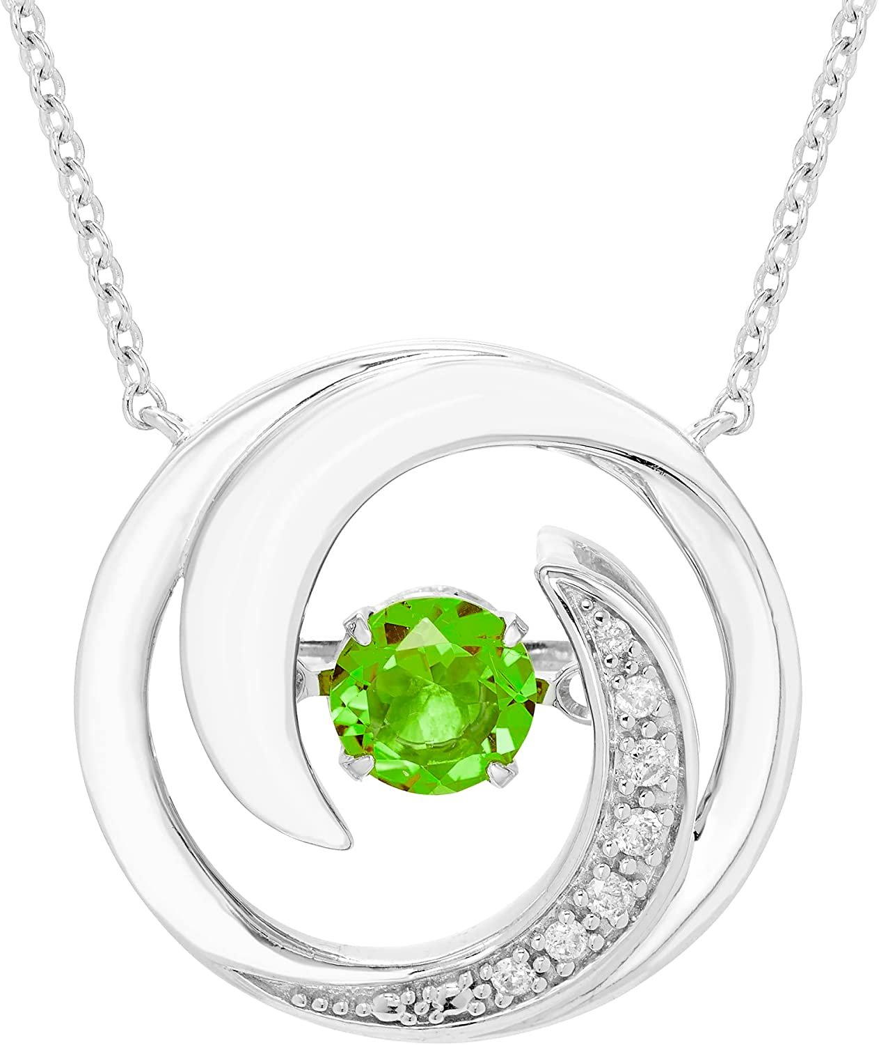 Genuine 4.5mm Peridot Sterling Silver Dancing Gemstone & Genuine Diamond Circle 20" Necklace