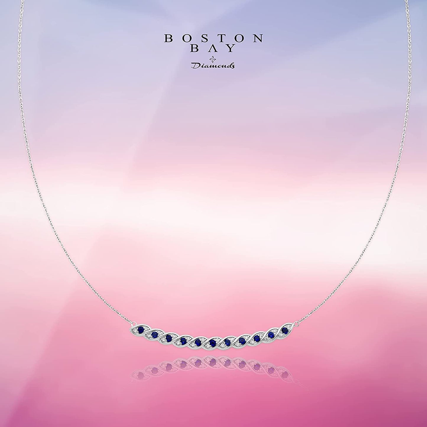 Sterling Silver Lab-Grown Blue Sapphire & 1/10cttw Diamond Necklace, 20" cable chain