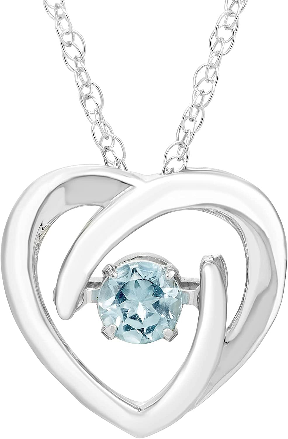 Genuine Aquamarine Dancing Gemstone Heart Pendant in Sterling Silver