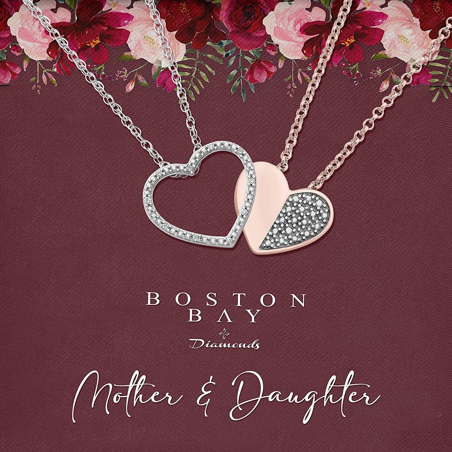 Diamond Mother & Daughter Heart Pendant in 14K Rose Gold Sterling Silver