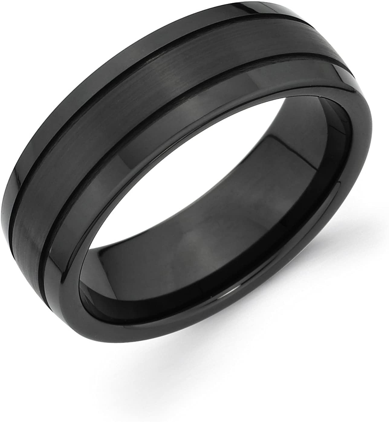 Black Ceramic 7mm Double Channel Groove Accent Fashion or Wedding Band Ring