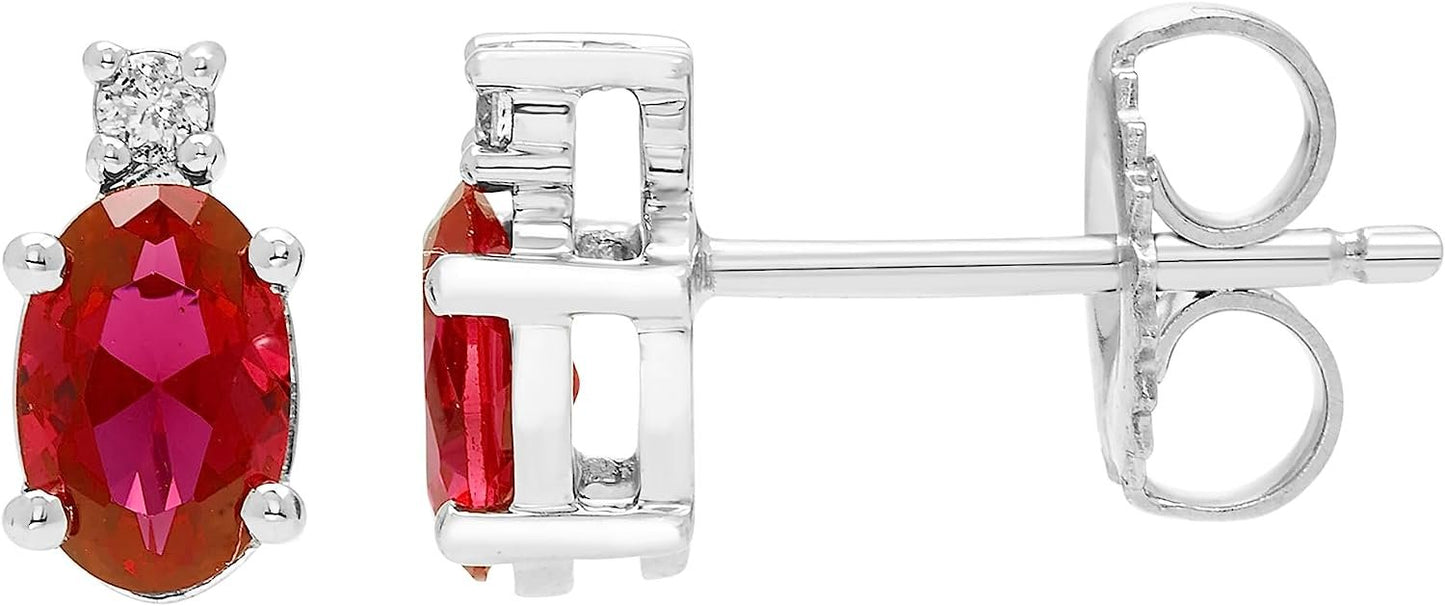 Lab-Grown Ruby Oval Cut & Diamond Accented Stud Earrings in .925 Sterling Silver