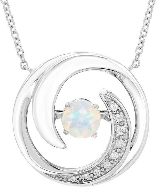 Genuine 4.5mm Opal Sterling Silver Dancing Gemstone & Genuine Diamond Circle 20" Necklace