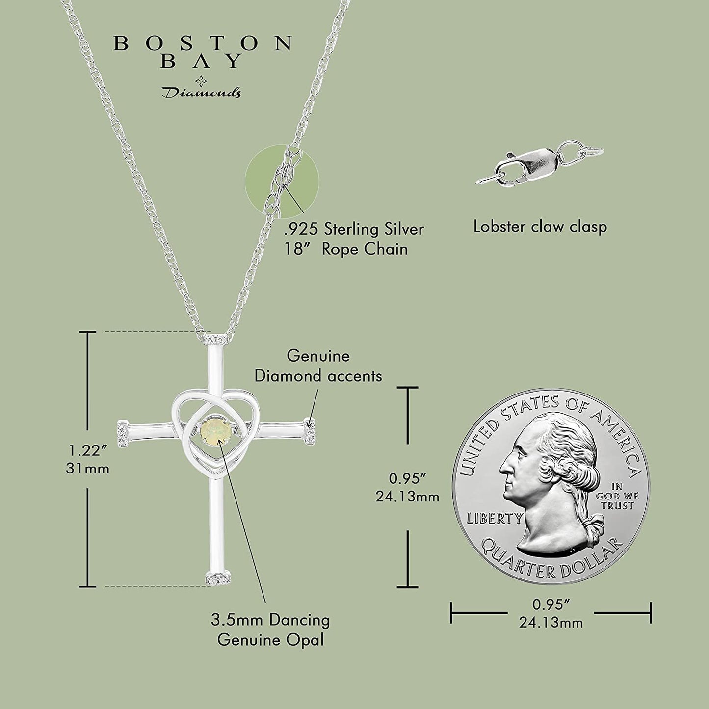 Genuine Opal Dancing Gemstone & Genuine Diamond Cross Pendant in Sterling Silver
