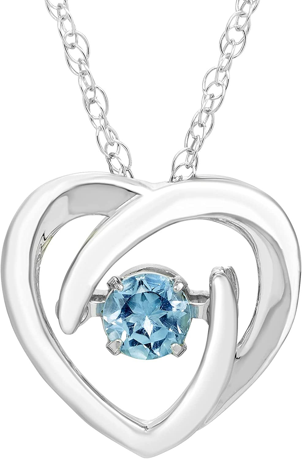 Genuine Blue Topaz Dancing Gemstone Heart Pendant in Sterling Silver